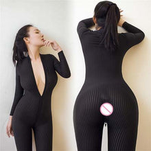 Charger l'image dans la galerie, FCCEXIO Dame Black Striped Sheer Bodysuit Smooth Fiber 2 Zipper Long Sleeve Sexy Jumpsuit  Women Love Game Jumpsuits &amp; Rompers